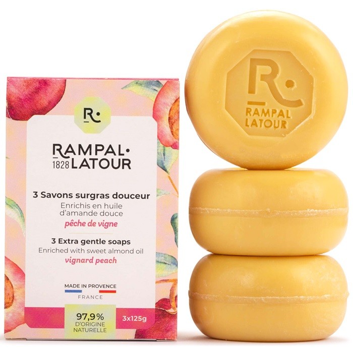 Cutie 3 sapunuri naturale cu piersica 375g Rampal Latour