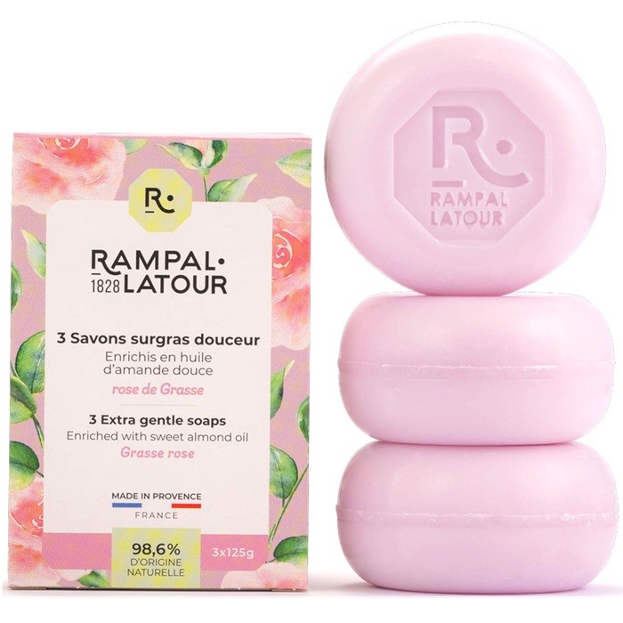 Cutie 3 sapunuri naturale cu trandafir 375g Rampal Latour