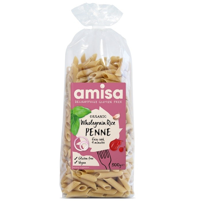 Penne din orez integral bio, fara gluten 500g Amisa