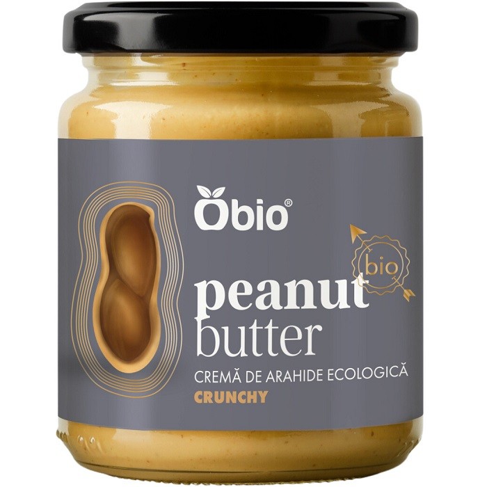 Crema de arahide crunchy bio, fara sare, fara gluten 250g Obio