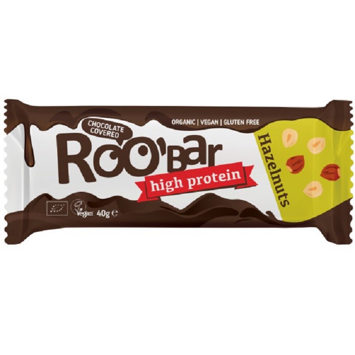 Baton proteic cu alune de padure invelit in ciocolata bio 40g Roobar