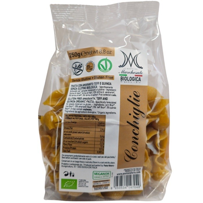 Paste conchiglie din amarant, teff si quinoa bio, fara gluten 250g Marchesato