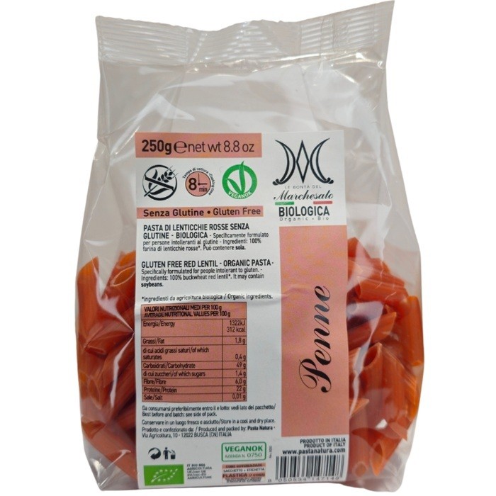 Penne din linte rosie bio, fara gluten 250g Marchesato