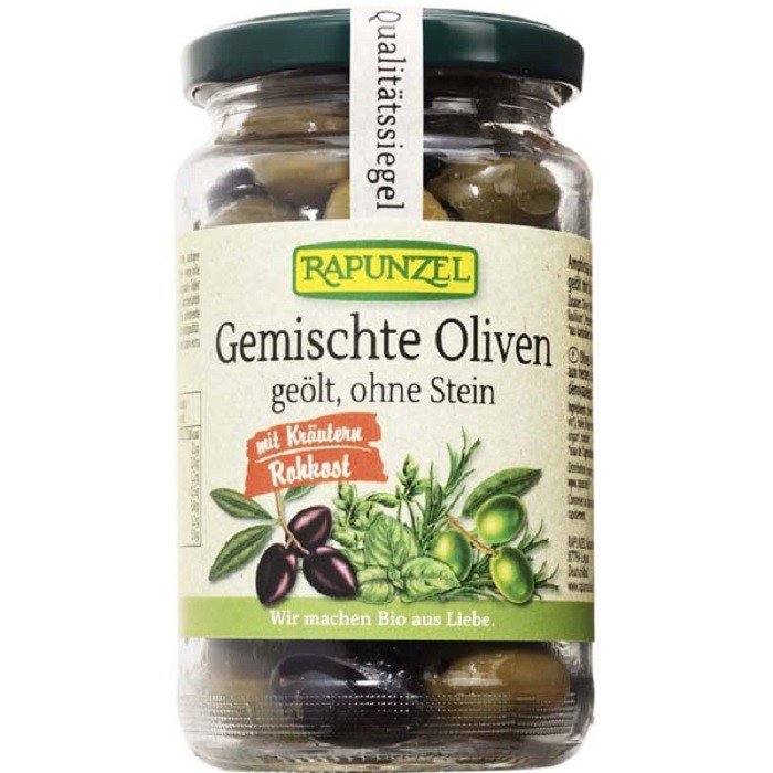 Amestec masline bio cu ierburi, fara samburi 170g Rapunzel