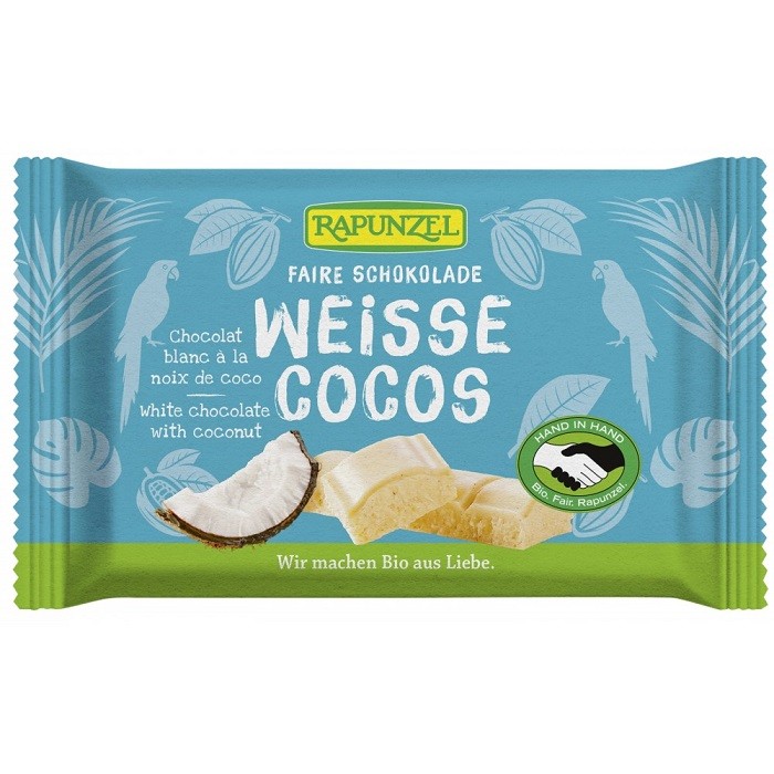 Ciocolata alba Cristalino cu bucatele de cocos bio 100g Rapunzel