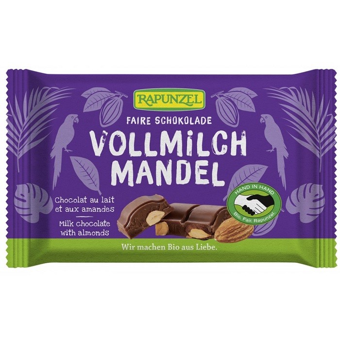 Ciocolata Cristalino cu lapte integral si migdale intregi bio 100g Rapunzel