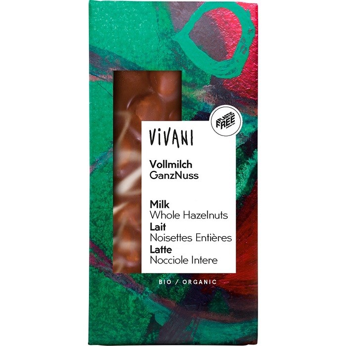 Ciocolata cu lapte integral si alune intregi bio 100g Vivani