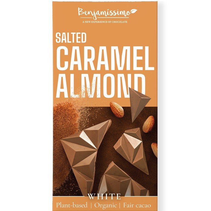 Ciocolata alba cu migdale si caramel sarat bio 60g Benjamissimo
