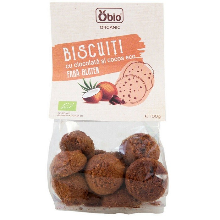 Biscuiti cu ciocolata si cocos bio, fara gluten 100g Obio