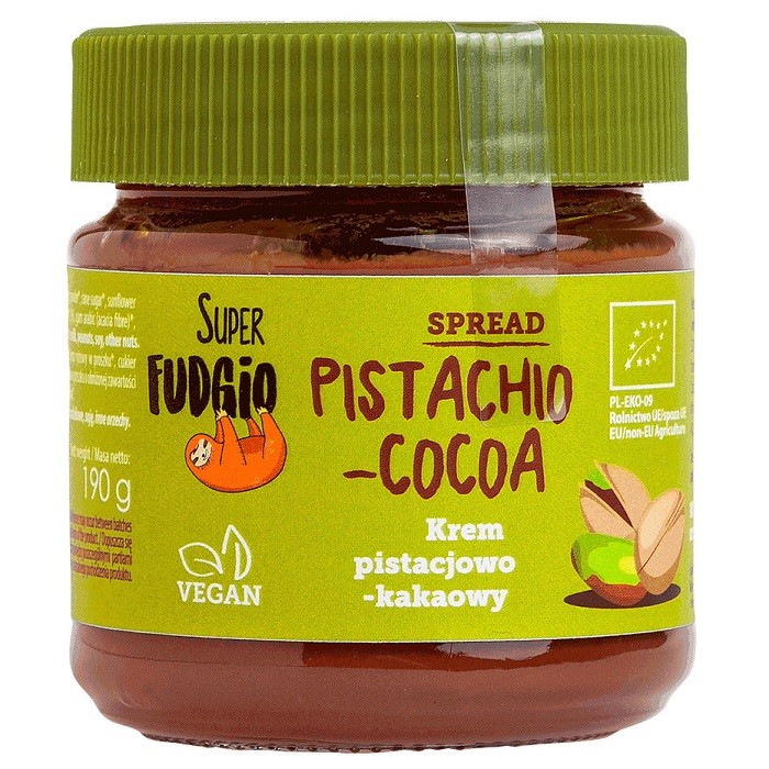 Crema tartinabila de ciocolata cu fistic si cacao bio 190g Super Fudgio