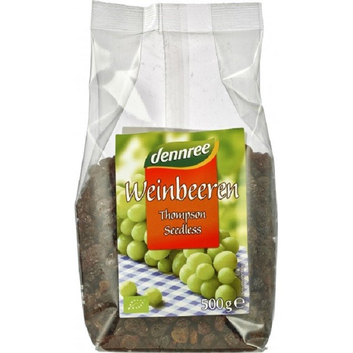 Stafide din struguri Thompson bio, fara sulfiti, fara samburi 500g Dennree