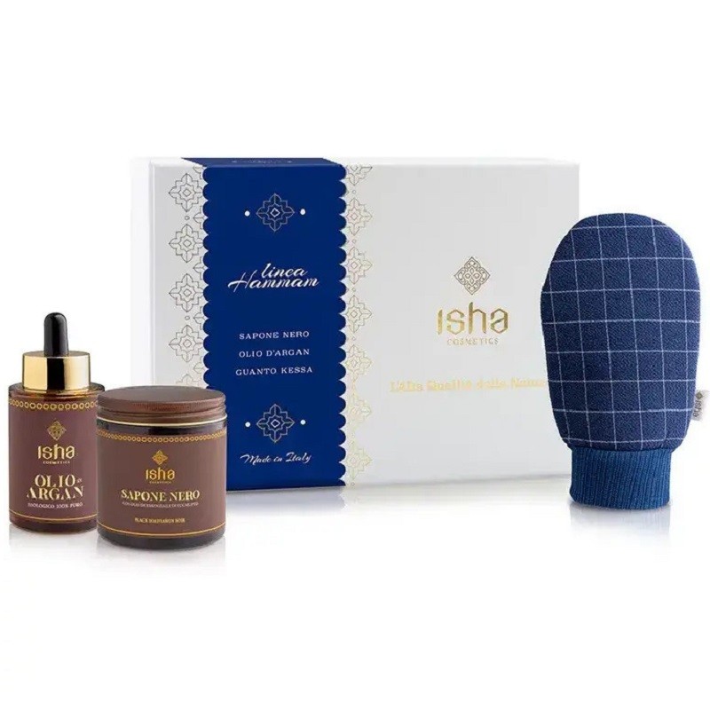 Set cadou ritual Hammam (sapun negru, manusa Kessa, ulei de argan) Isha Cosmetics