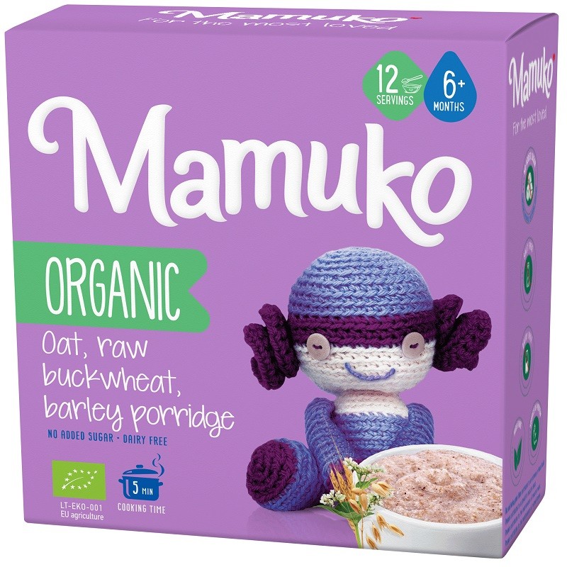 Porridge din 3 cereale integrale cu ovaz, hrisca si orz bio 200g Mamuko 6+ luni
