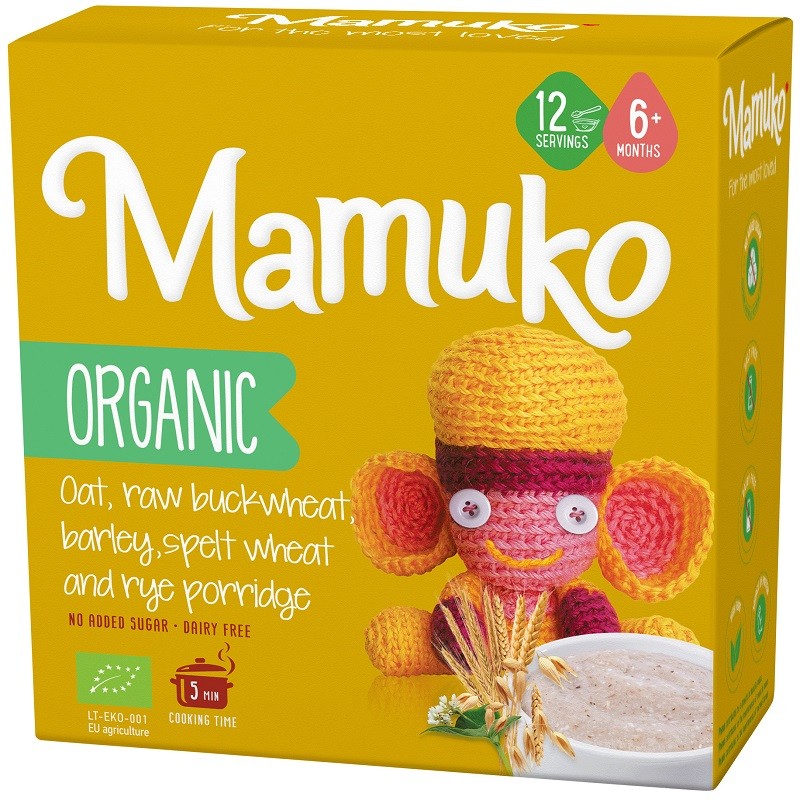 Porridge din 5 cereale ovaz, hrisca, orz, spelta si secara bio 200g Mamuko 6+ luni