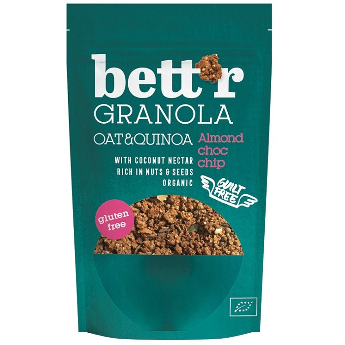Granola cu migdale si bucati de ciocolata neagra bio, fara gluten 300g Bettr
