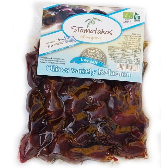 Masline Kalamata vidate cu continut redus de sare bio 500g Stamatakos Grecia