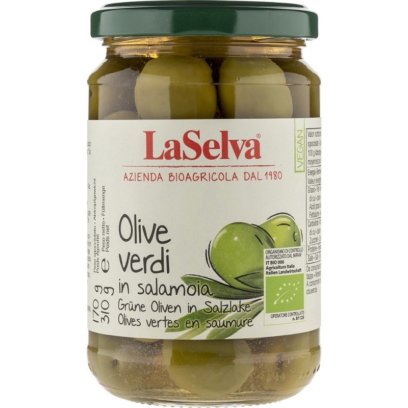 Masline verzi bio cu samburi, in saramura 310g LaSelva