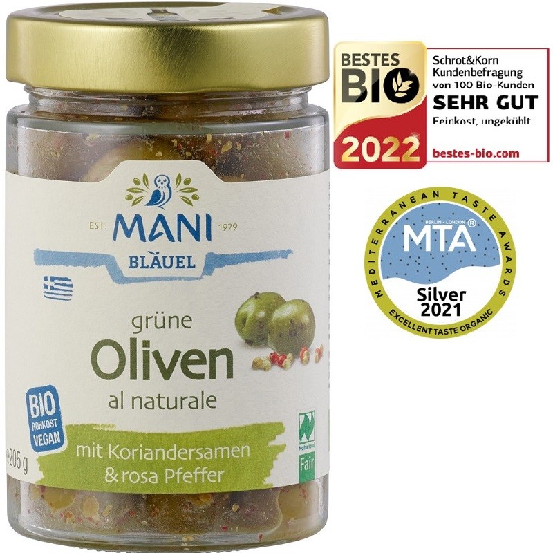 Masline verzi crude cu coriandru si piper rosu bio, raw vegan 205g Mani Blauel Organic