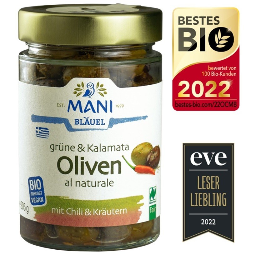 Masline verzi si Kalamata crude cu chili si ierburi bio, raw vegan 205g Mani Blauel Organic