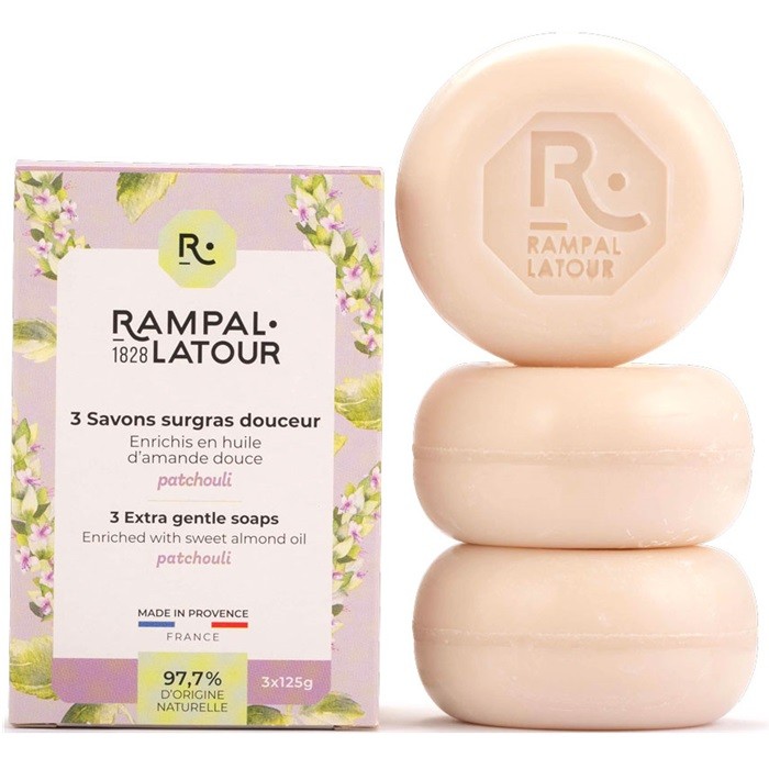Cutie 3 sapunuri naturale cu patchouli 375g Rampal Latour