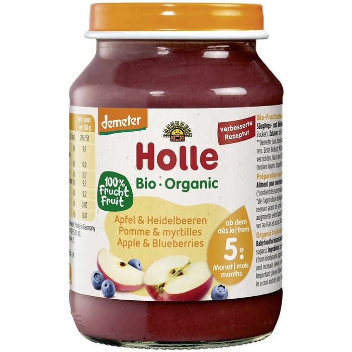 Piure bio de mere si afine pentru copii, +5 luni 190g Holle