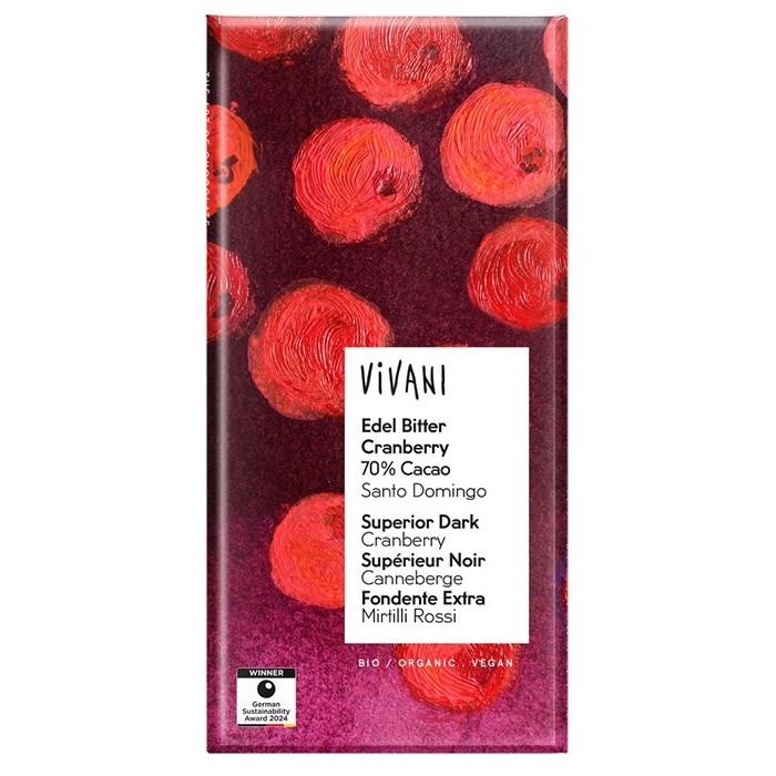 Ciocolata amaruie cu 70% cacao si merisoare bio 100g Vivani