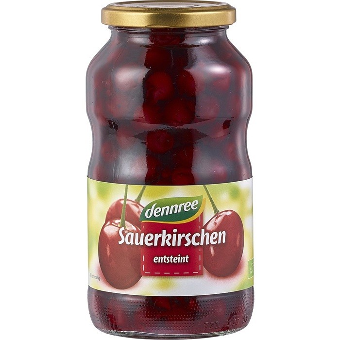 Compot de visine bio, fara samburi 700g Dennree