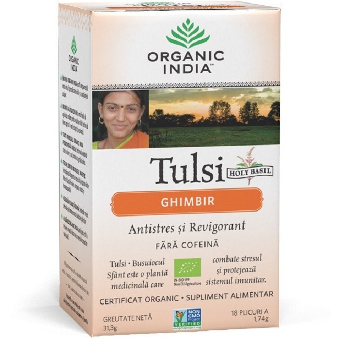 Ceai tulsi (busuioc sfant) cu ghimbir, 18 plicuri Organic India