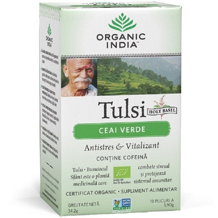 Ceai Tulsi (Busuioc Sfant) si ceai verde bio 18 plicuri Organic India