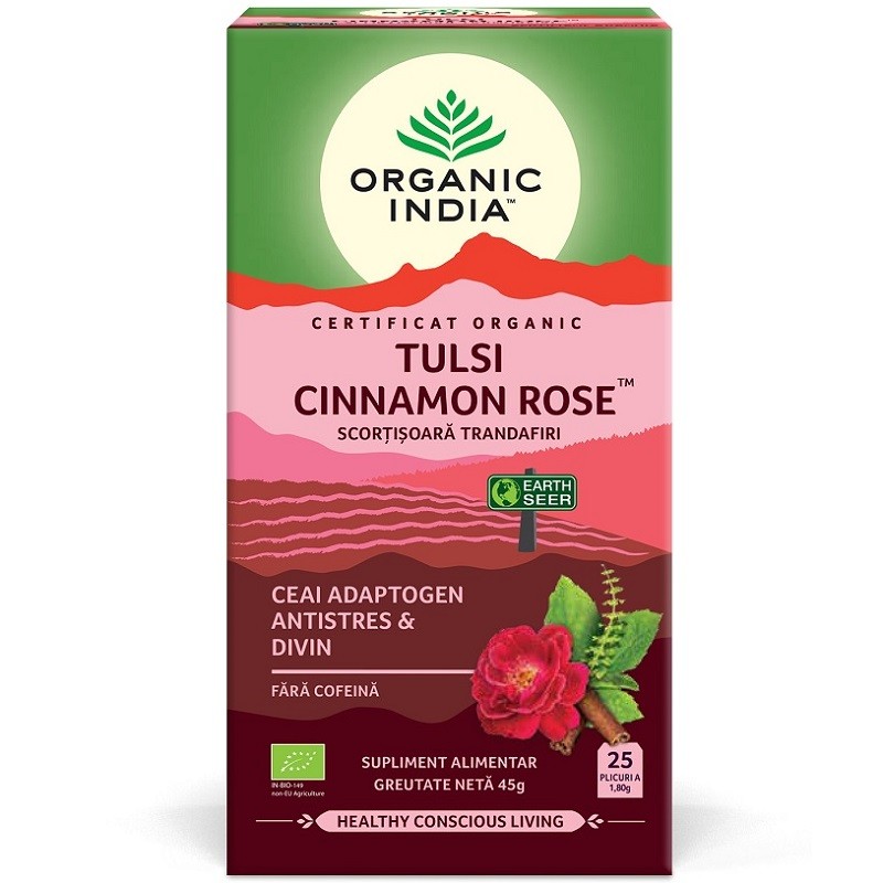 Ceai tulsi, scortisoara si trandafiri 25 plicuri Organic India 
