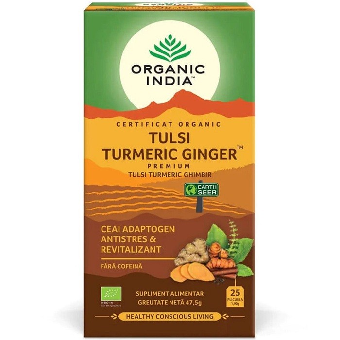 Ceai tulsi, turmeric si ghimbir bio 25 plicuri Organic India
