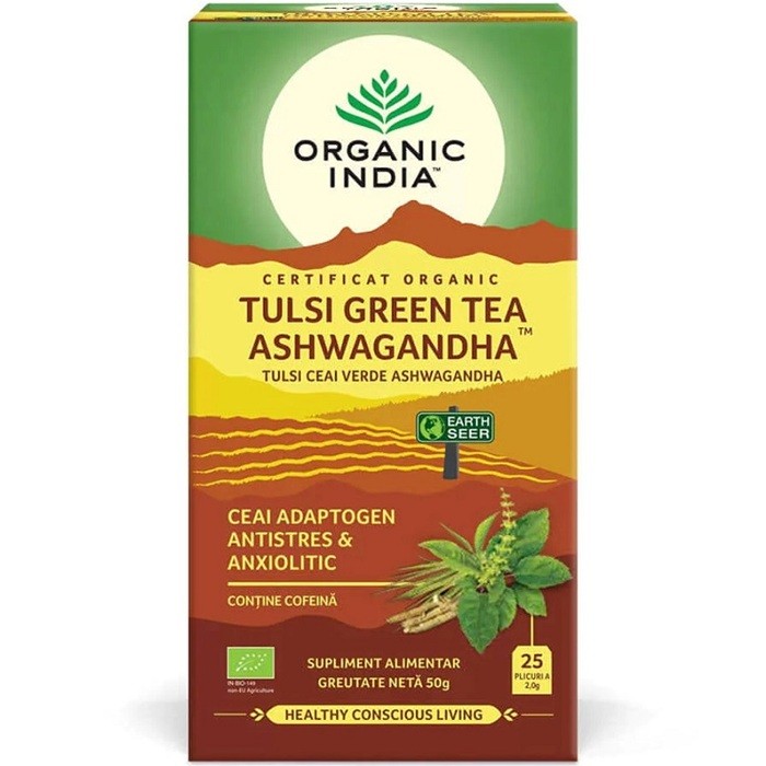 Ceai Tulsi, Ceai Verde si Ashwagandha 25 plicuri Organic India