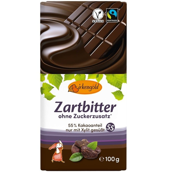 Ciocolata neagra 55% cacao, fara zahar 100g Birkengold