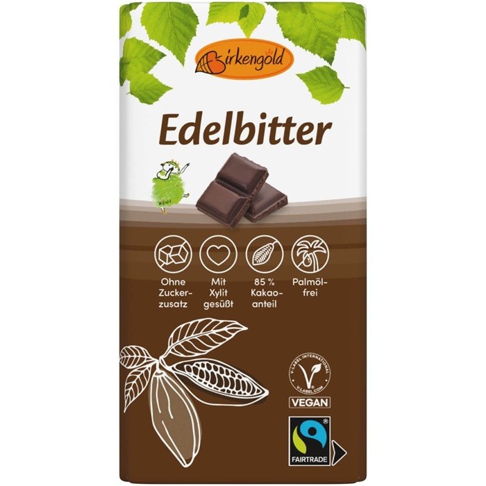 Ciocolata neagra 85% cacao, vegana, fara zahar 100g Birkengold