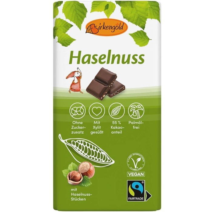 Ciocolata neagra cu alune de padure, fara zahar, vegan 100g Birkengold