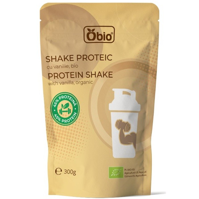 Shake proteic cu vanilie bio, 45% proteine 300g Obio