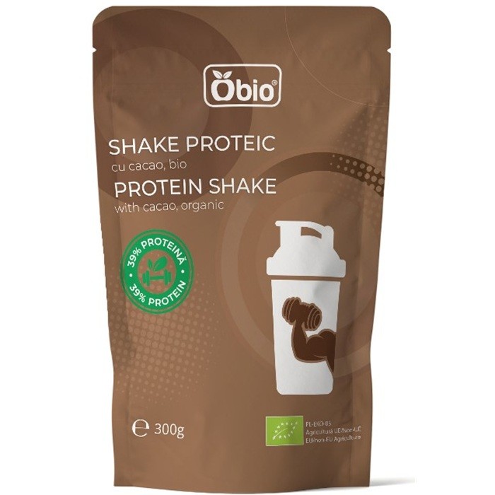 Shake proteic cu cacao bio, 39% proteina 300g Obio