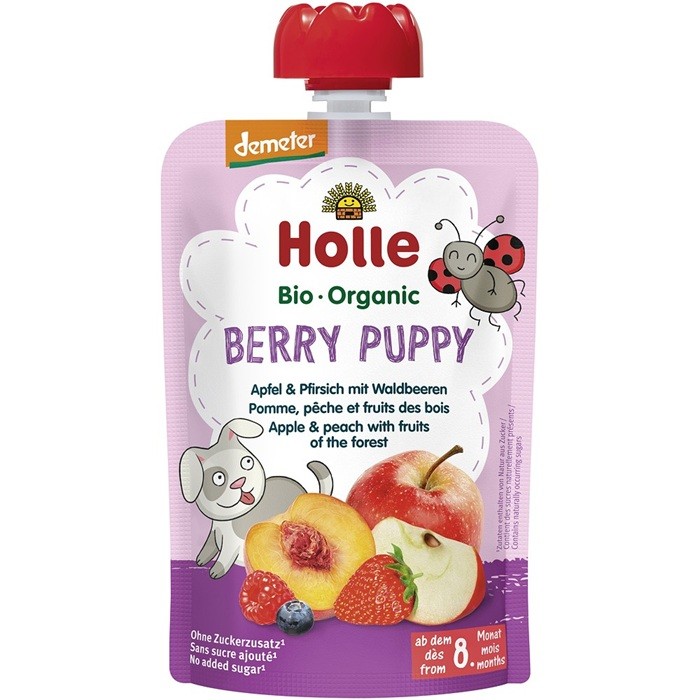 Piure bio de mere, piersici si fructe de padure pentru copii, + 8 luni Holle 100g