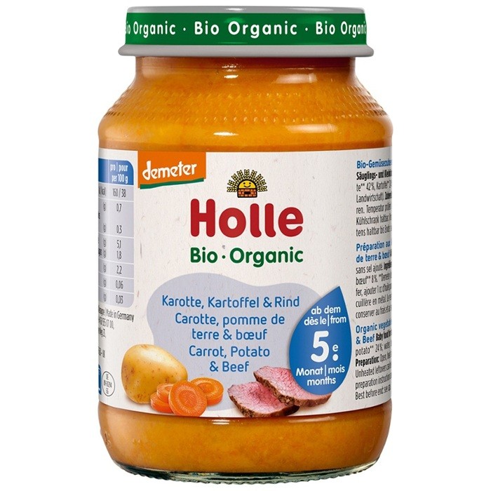 Piure bio de morcovi, cartofi si carne de vita, pentru copii +5 luni Holle 190g